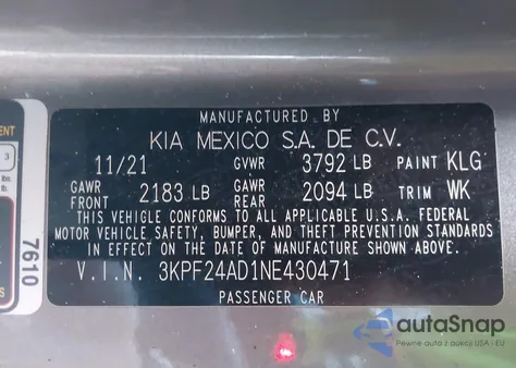 2022 Kia Forte Lxs from USA, damaged, VIN 3KPF24AD1NE430471